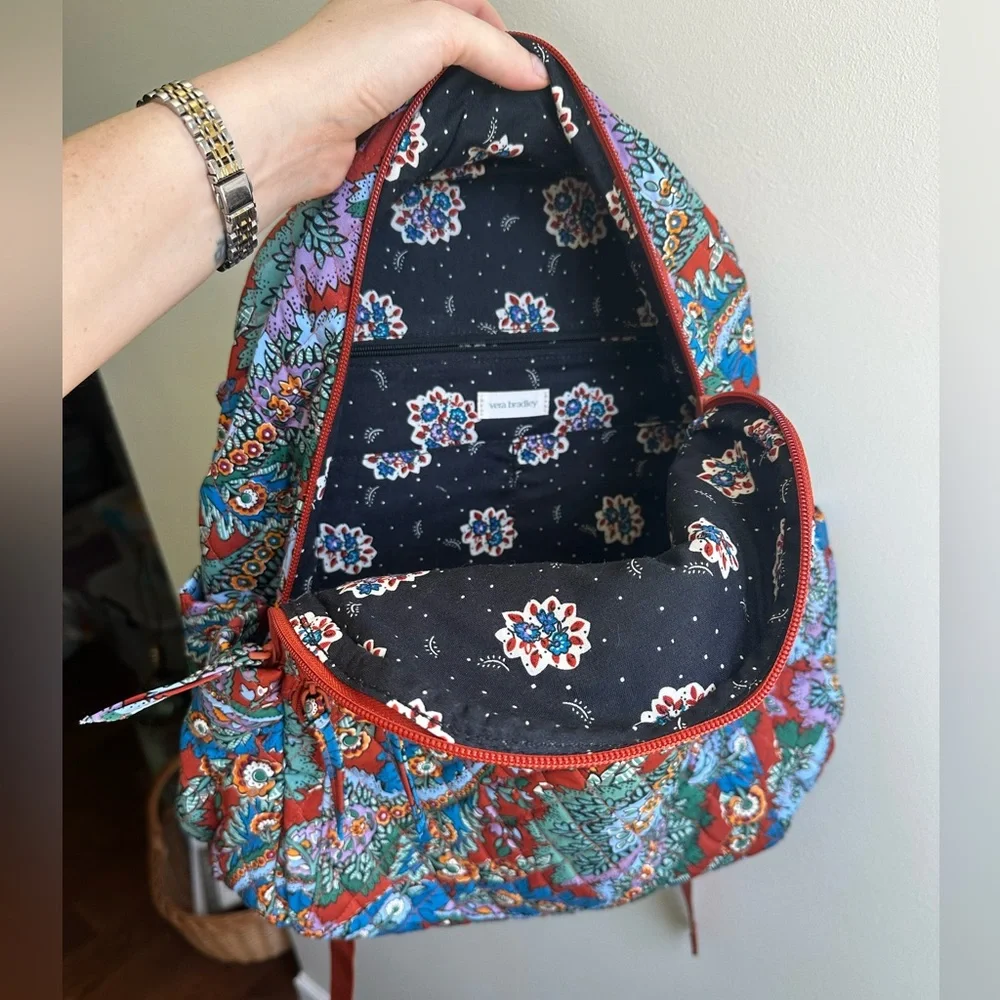 Vera Bradley Red Paisley Quilted Backpack with Blue, Green, Purple Accents